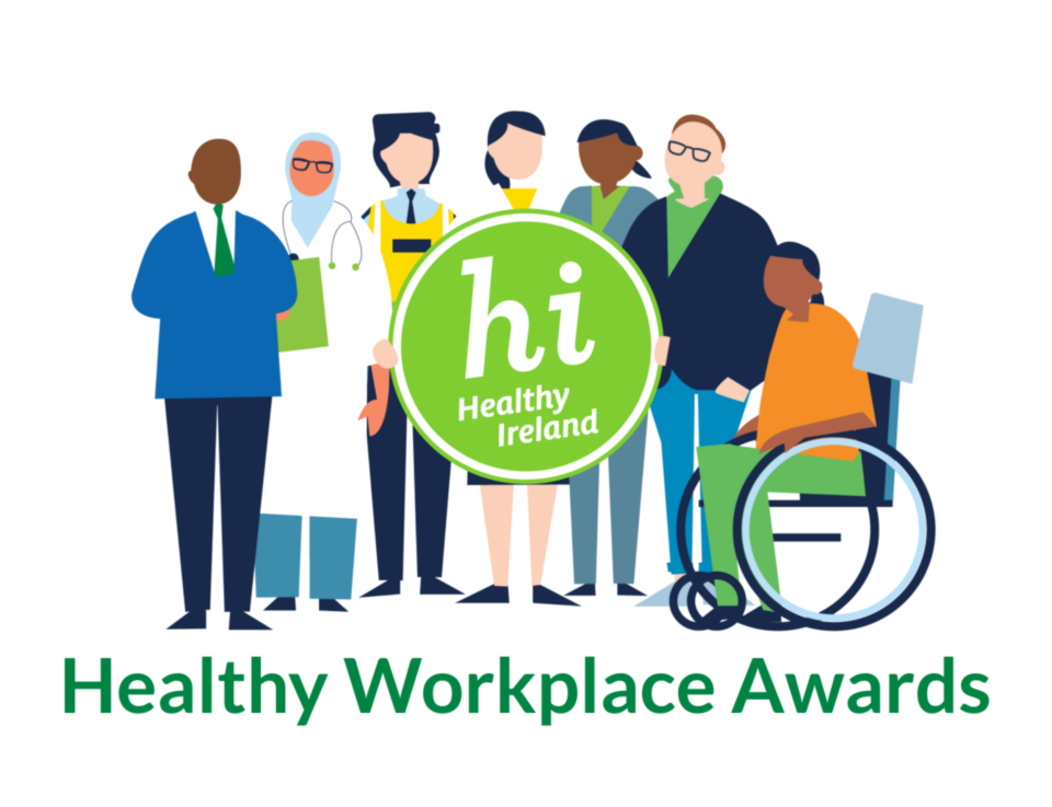 A cartoon image of seven workers holding a Healthy Ireland Logo